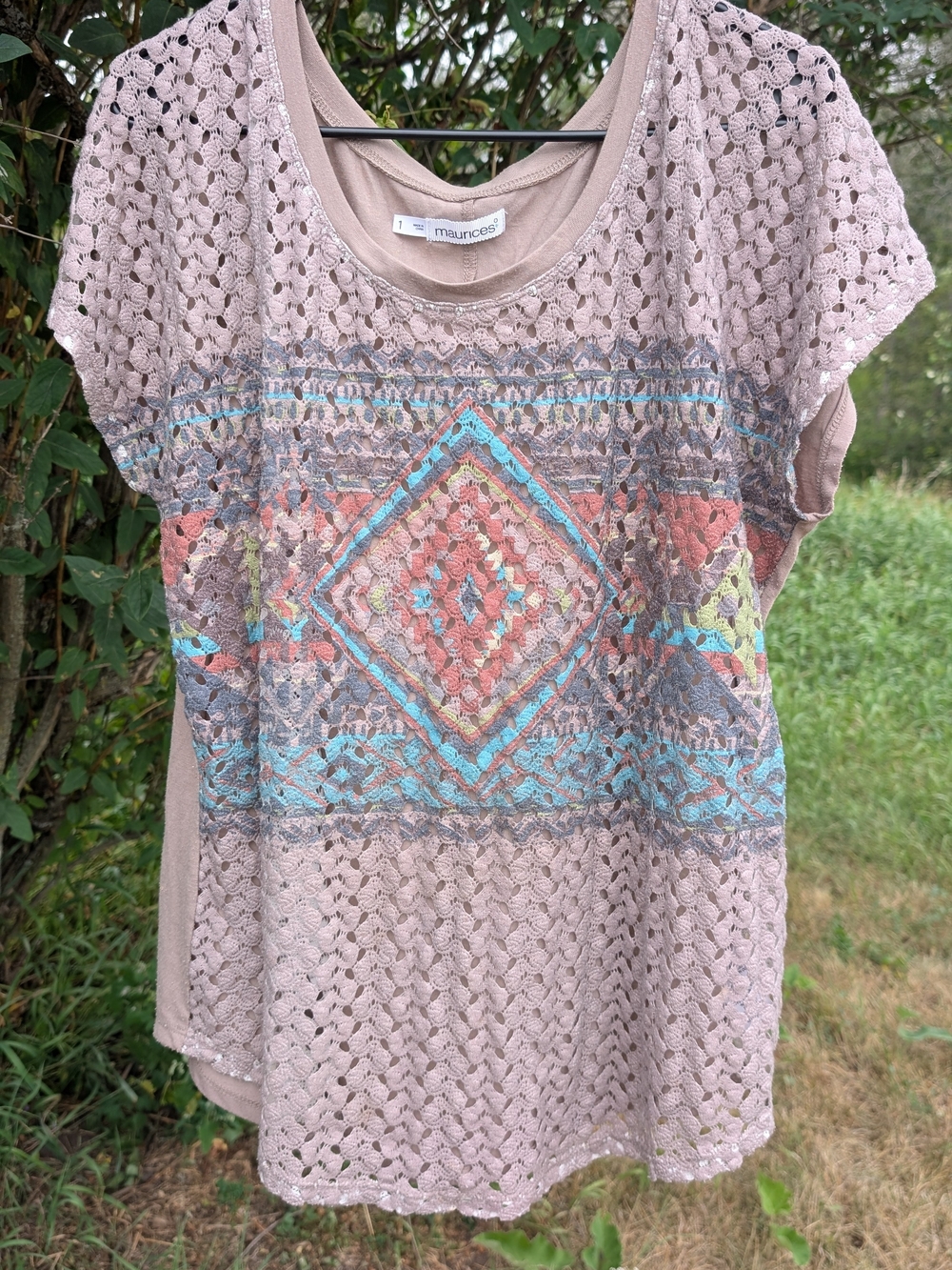 Maurices Women's Lace Overlay Tee in Taupe with Multicolor Detail